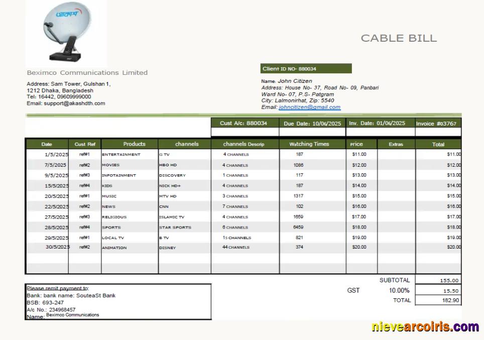Bangladesh Beximco Communications utility bill